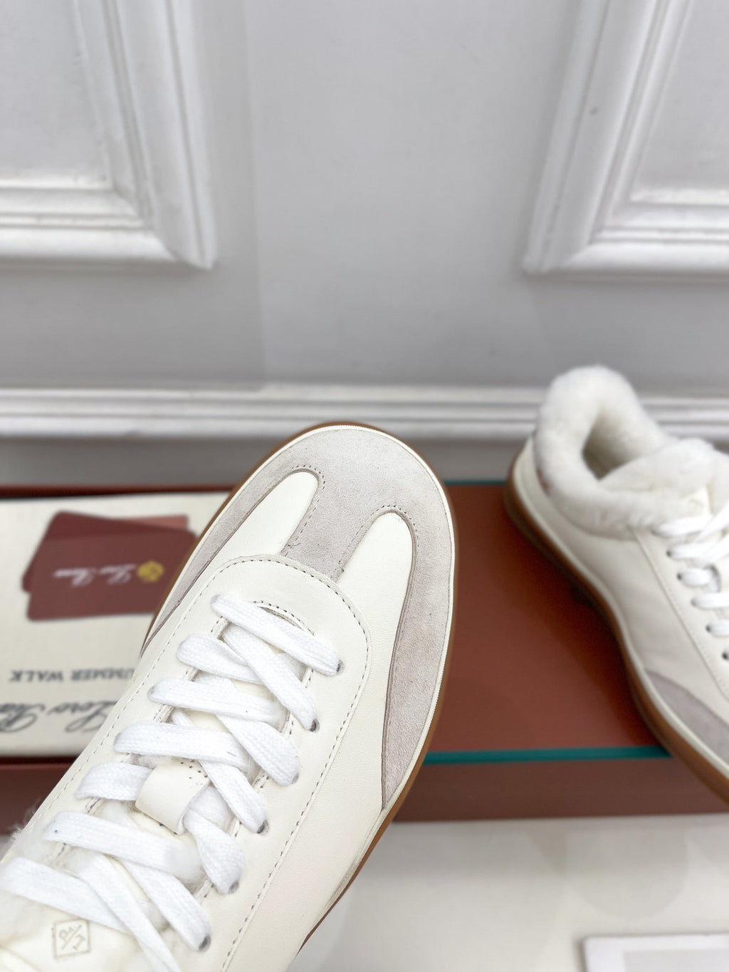 LP Tennis Walk Sneaker In White Grey Lambskin Lined With Wool Fleece 988264