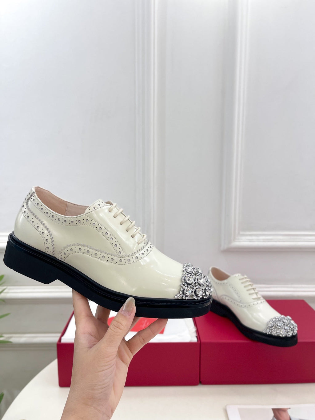 Viv 25 Baroque Rhinestone Derby Loafer Milky White Cowhide Leather 253581