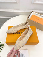 LV Gala Rhinestone Pointed Toe Flat Beige Mesh 425137