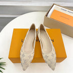 LV Gala Rhinestone Pointed Toe Flat Beige Mesh 425137