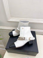 CC Pearl Chain Ankle Boots Booties 35mm Black White Lambskin 425464