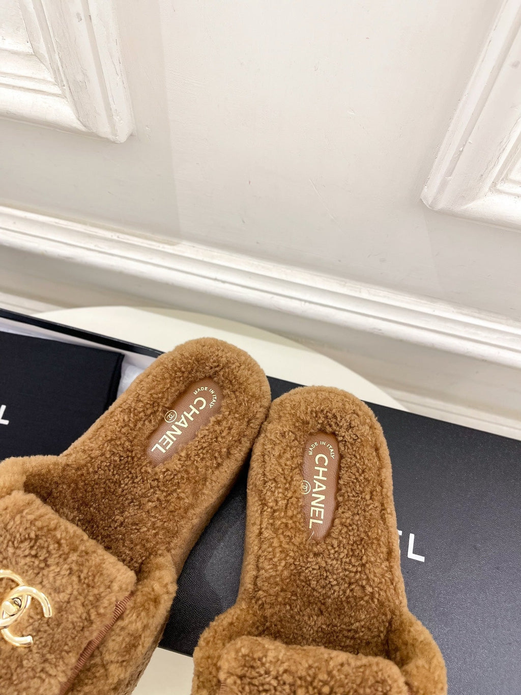 CC 25s Logo Slippers 50mm Brown Wool GHW 435263