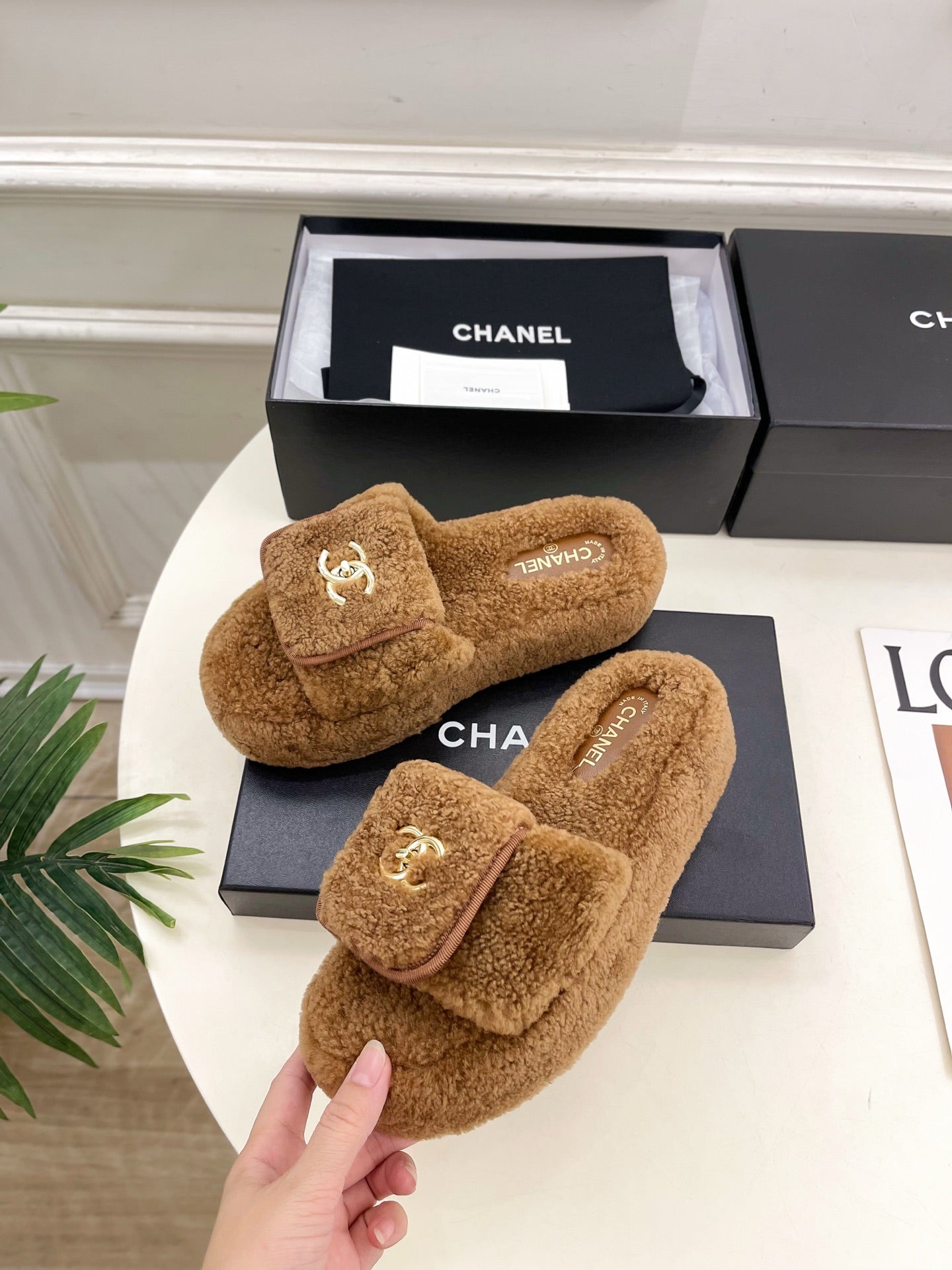 CC 25s Logo Slippers 50mm Brown Wool GHW 435263