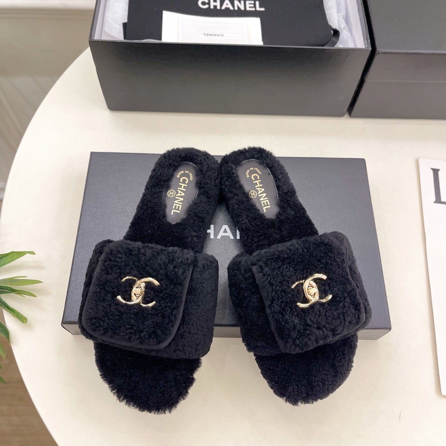 CC 25s Logo Slippers Black Wool GHW 435265