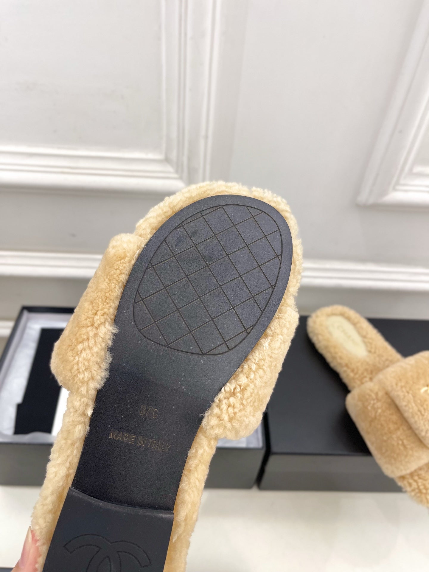 CC 25s Logo Slippers Beige Wool GHW 435268