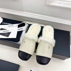 CC 25K Double C Pearl Fur Slippers Black Warm Beige Calfskin Shearing 586998