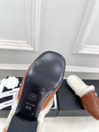 CC 25K Double C Pearl Fur Slippers Brown White Calfskin Shearing 586999