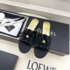 CC 26s Bow Slippers Black Satin Sheepskin 586896