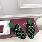 GG 26 Horsebit Flat Mules Rhinestones Dark Green Velvet 587082