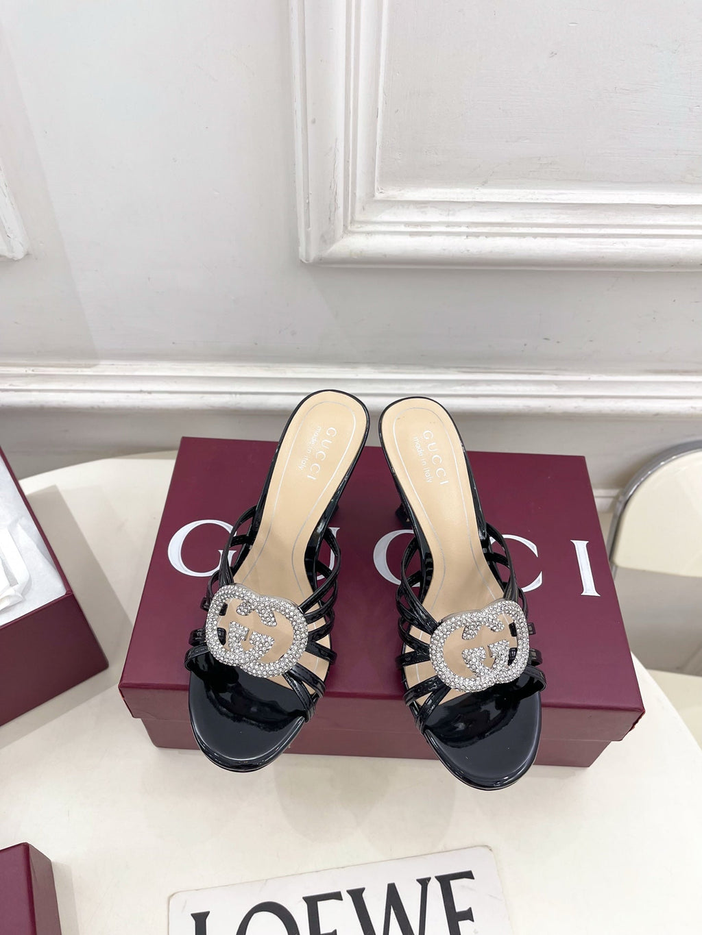 GG 26 High-Heeled Mules 85 Black Beige Patent Leather 587083