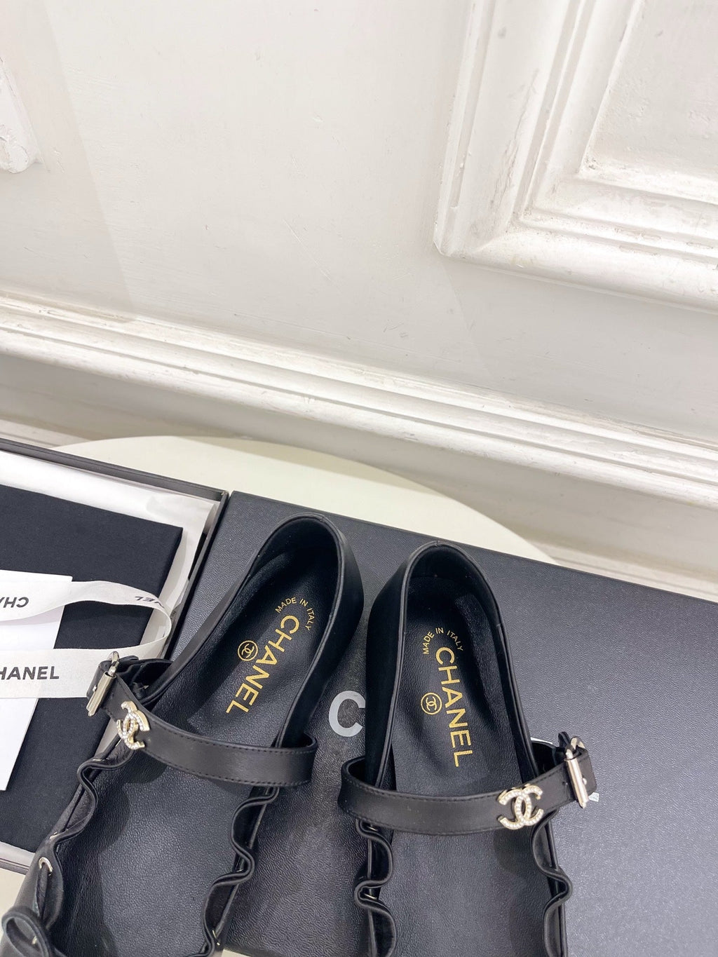 CC 26 SS Ruffled Bow Mary Jane Flats Black Calfskin 586928