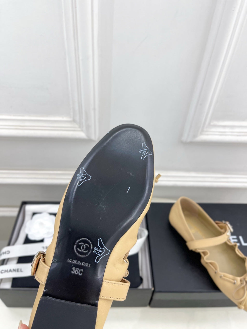 CC 26 SS Ruffled Bow Mary Jane Flats Beige Calfskin 586930