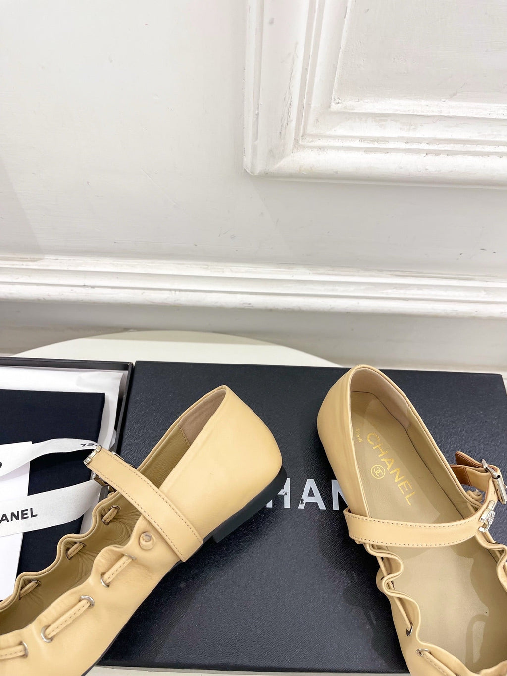 CC 26 SS Ruffled Bow Mary Jane Flats Beige Calfskin 586930