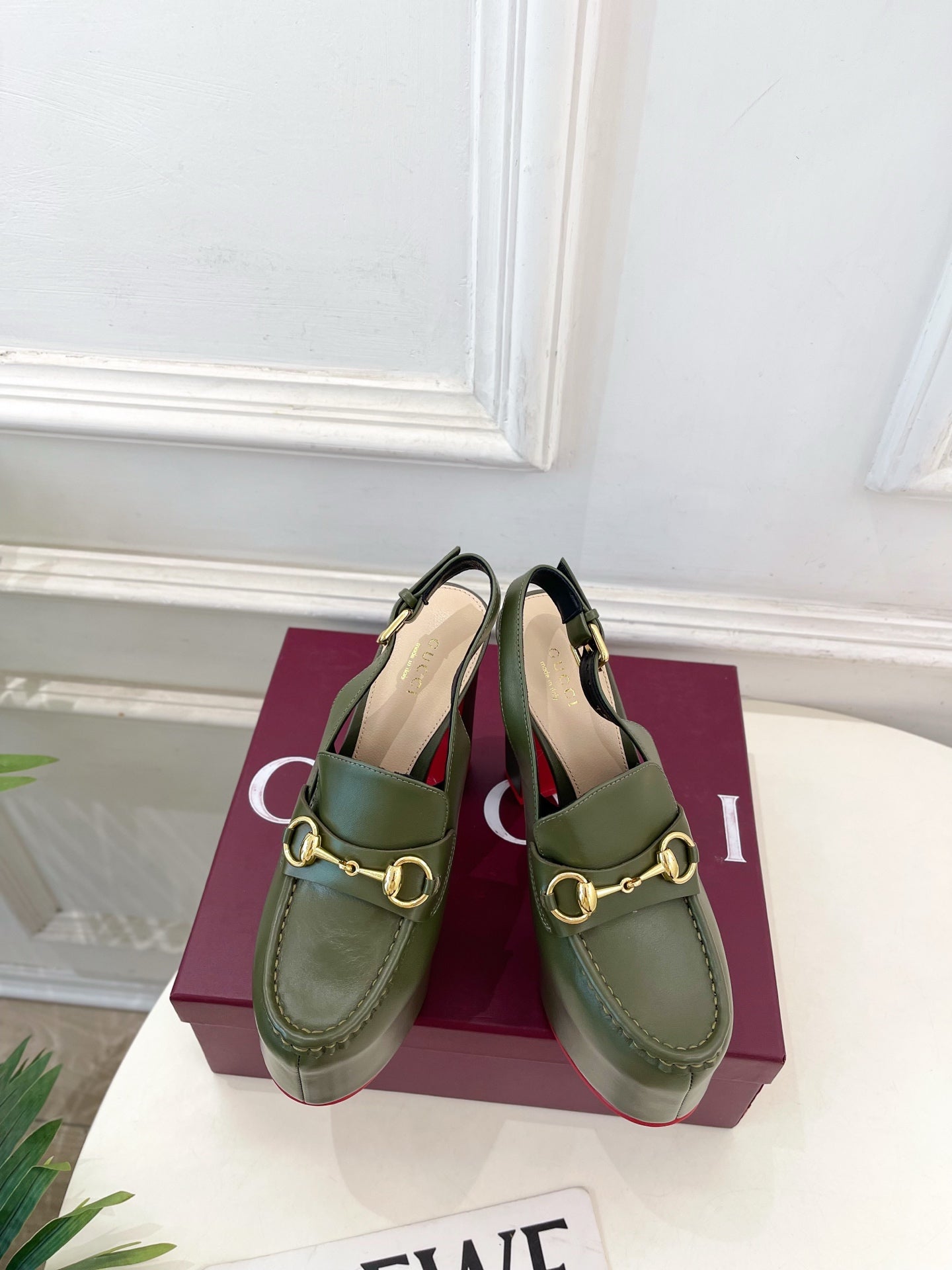 GG Horsebit Platform Loafer Slingback Olive Leather 640265