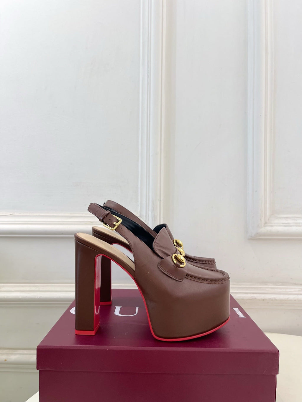 GG Horsebit Platform Loafer Slingback Brown Leather 640264