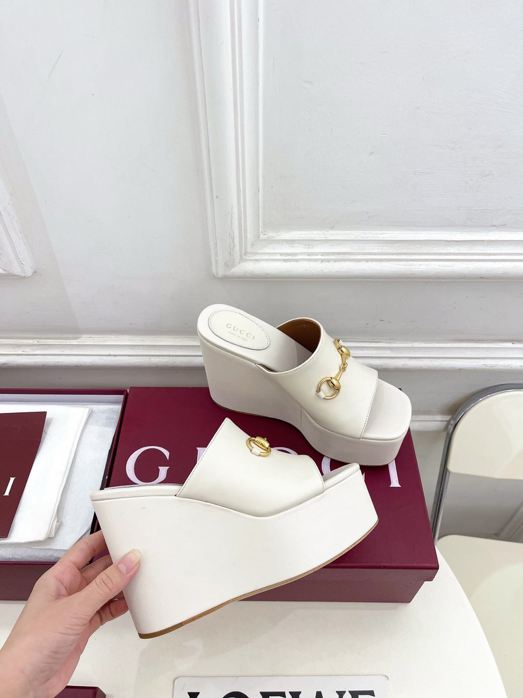 GC Wedge With Horsebit Sandal White Leather 640269