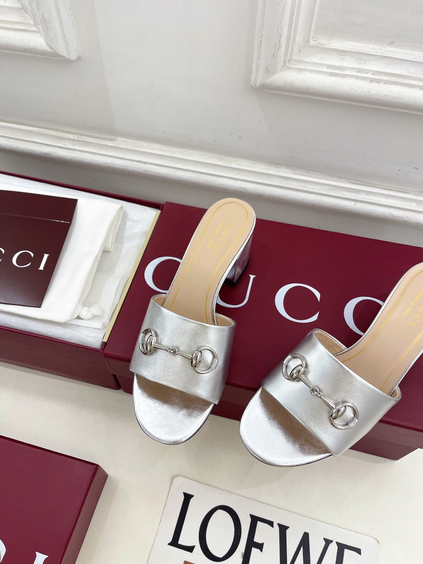 GG 26s Slide Sandal 5.5cm With Horsebit Sliver Leather 640296