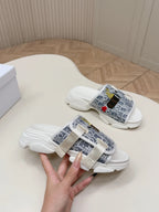 CD 26s Platform Slippers 35 Blue White Canvas Lambskin 643809