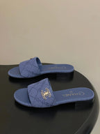 CC 26s Flat Sandals Dark Blue Canvas Sheepskin Double C 649505