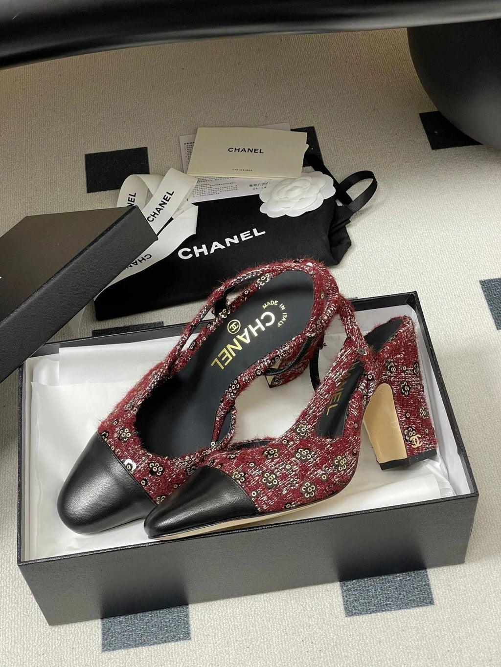CC 26s Slingback 95 Dark Red Black Tweed Sheepskin 649422