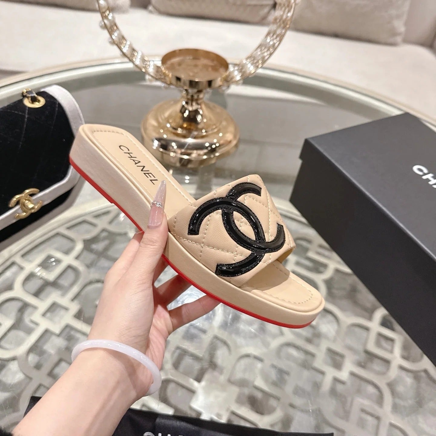 CC 26s Platform Slippers Beige Sheepskin 627070