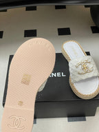 CC 26s Flat Slippers White Gold Fabric Sheepskin 649486