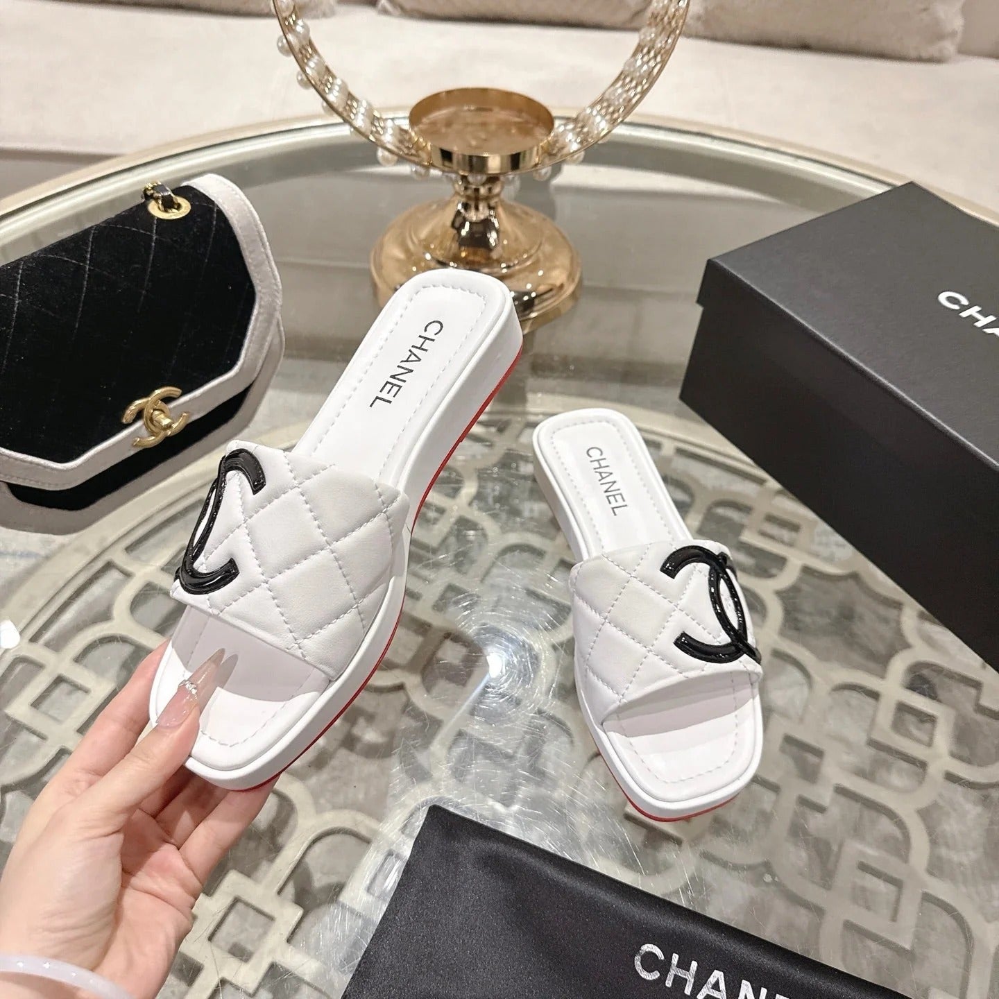 CC 26s Platform Slippers White Black Sheepskin 627073