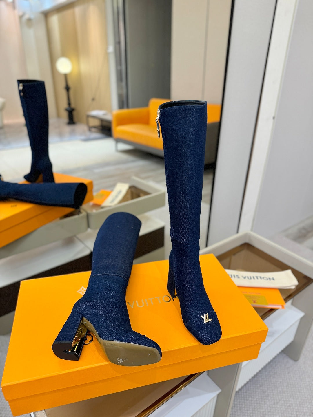 LV High Boots 85 Dark Blue Denim 573733