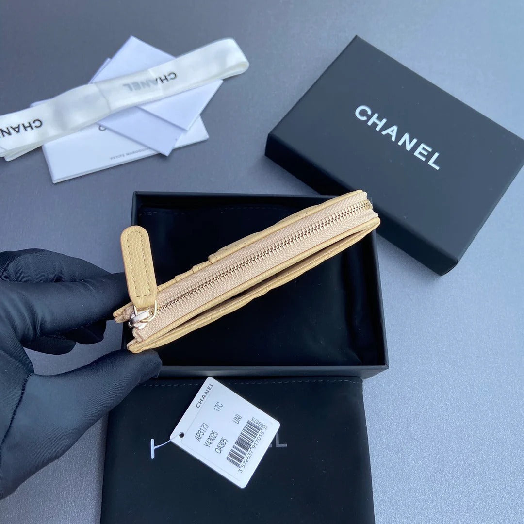 Chanel 2026 Quilted Card Holder 13cm Apricot Grained Calfskin