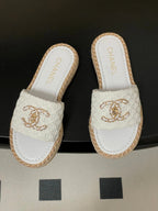CC 26s Flat Slippers White Gold Fabric Sheepskin 649486