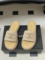 CC 26s Flat Slippers Beige Gold Fabric Sheepskin 649484