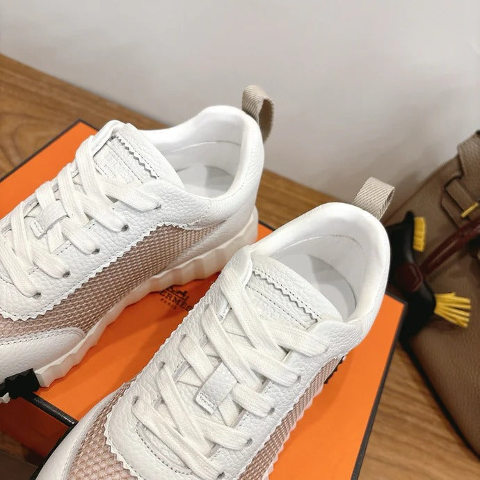 HM 26ss Sneakers White Beige Cowhide Fabric 638565