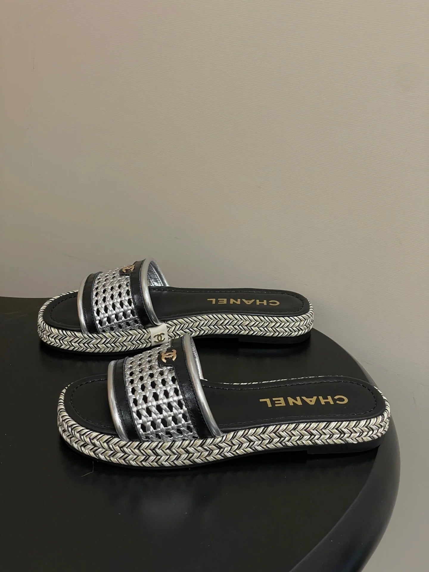 CC 26s Platform Slippers Black Sliver Cowhide 649460