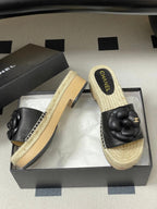 CC 26s Camellia Slippers Beige Black Rope Smooth Leather 649402