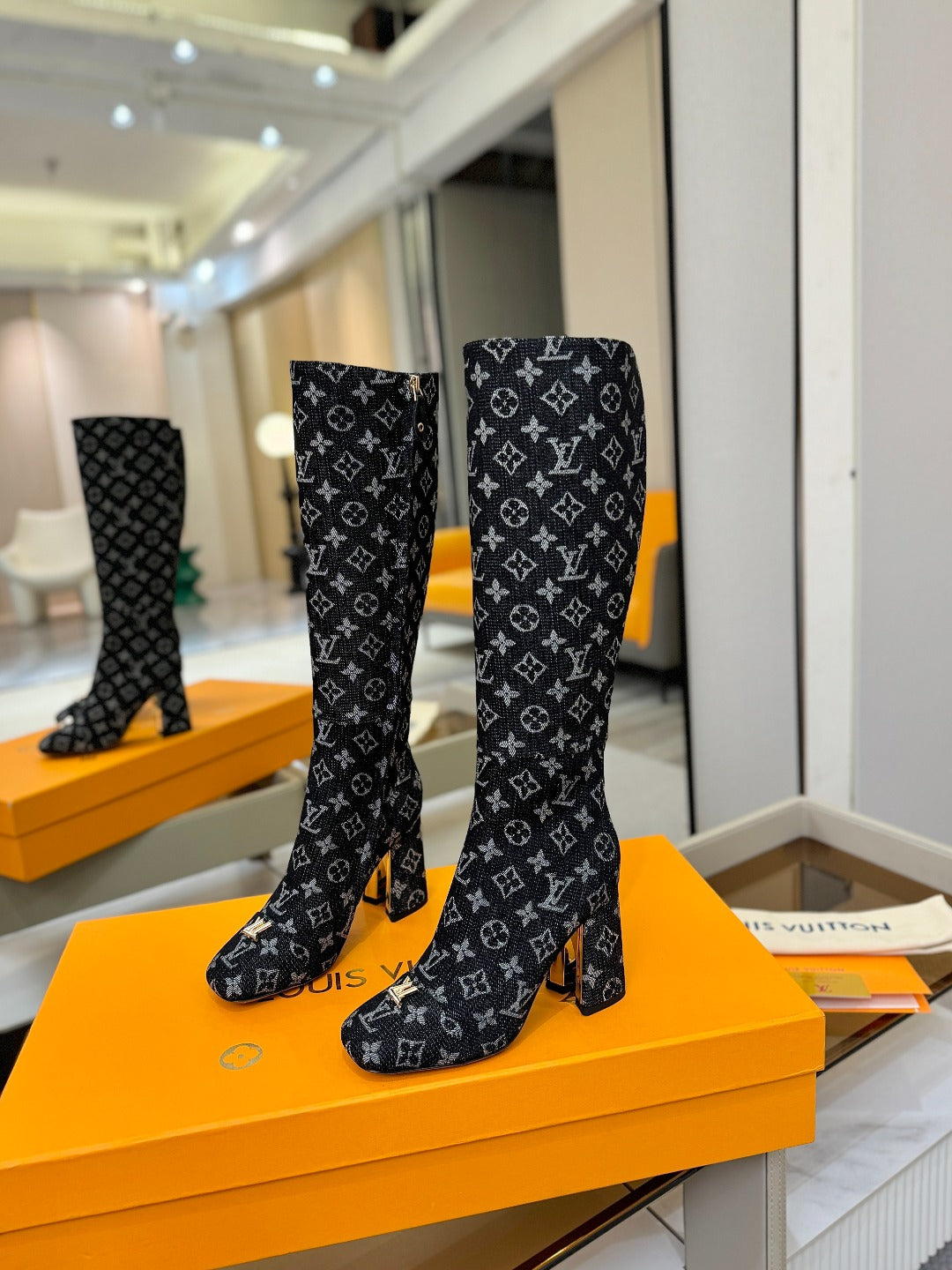 LV High Boots 85 Monogram Black Denim 573734