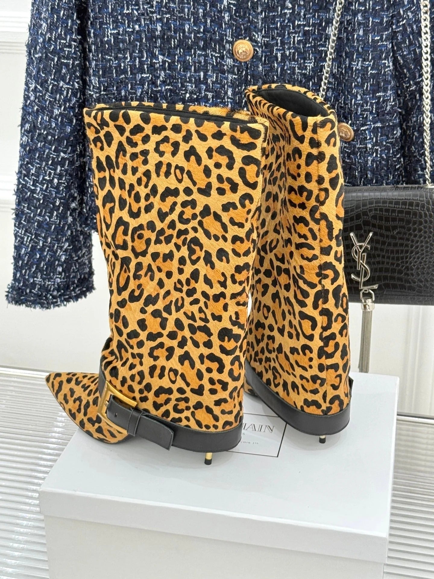 BALMAIN 25S ANTHEM BOOTS IN LEOPARD PRINT CALFSKIN