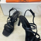 HM 26ss Kelly Sliver Buckle Sandals 65 Black Calfskin 607171