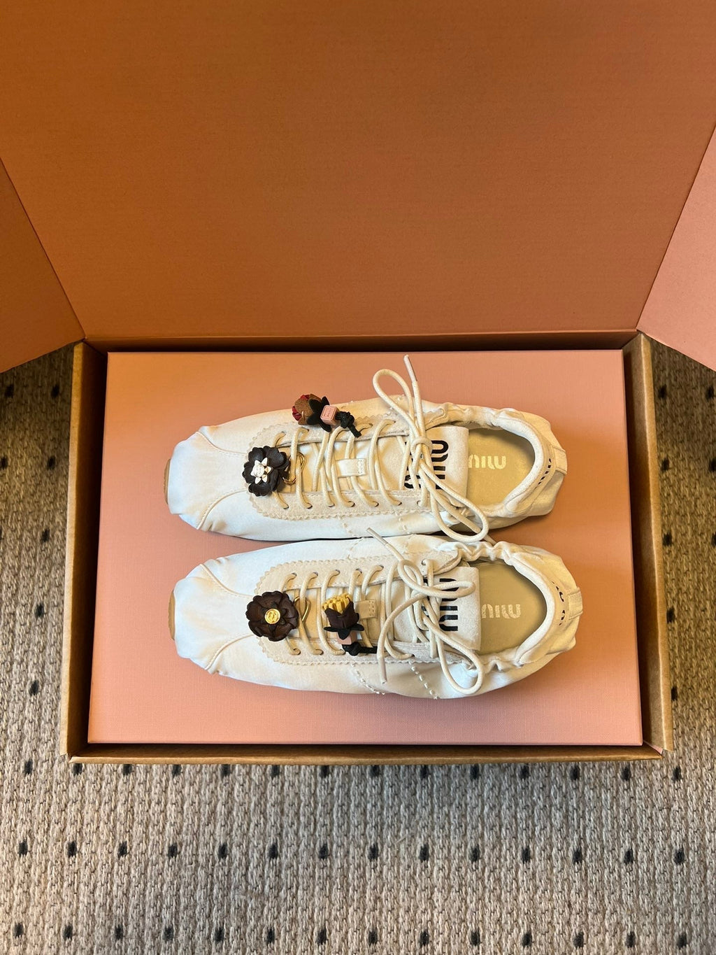 Miu Miu 2026 Plume Sneaker With Floral Charm White Satin 621346