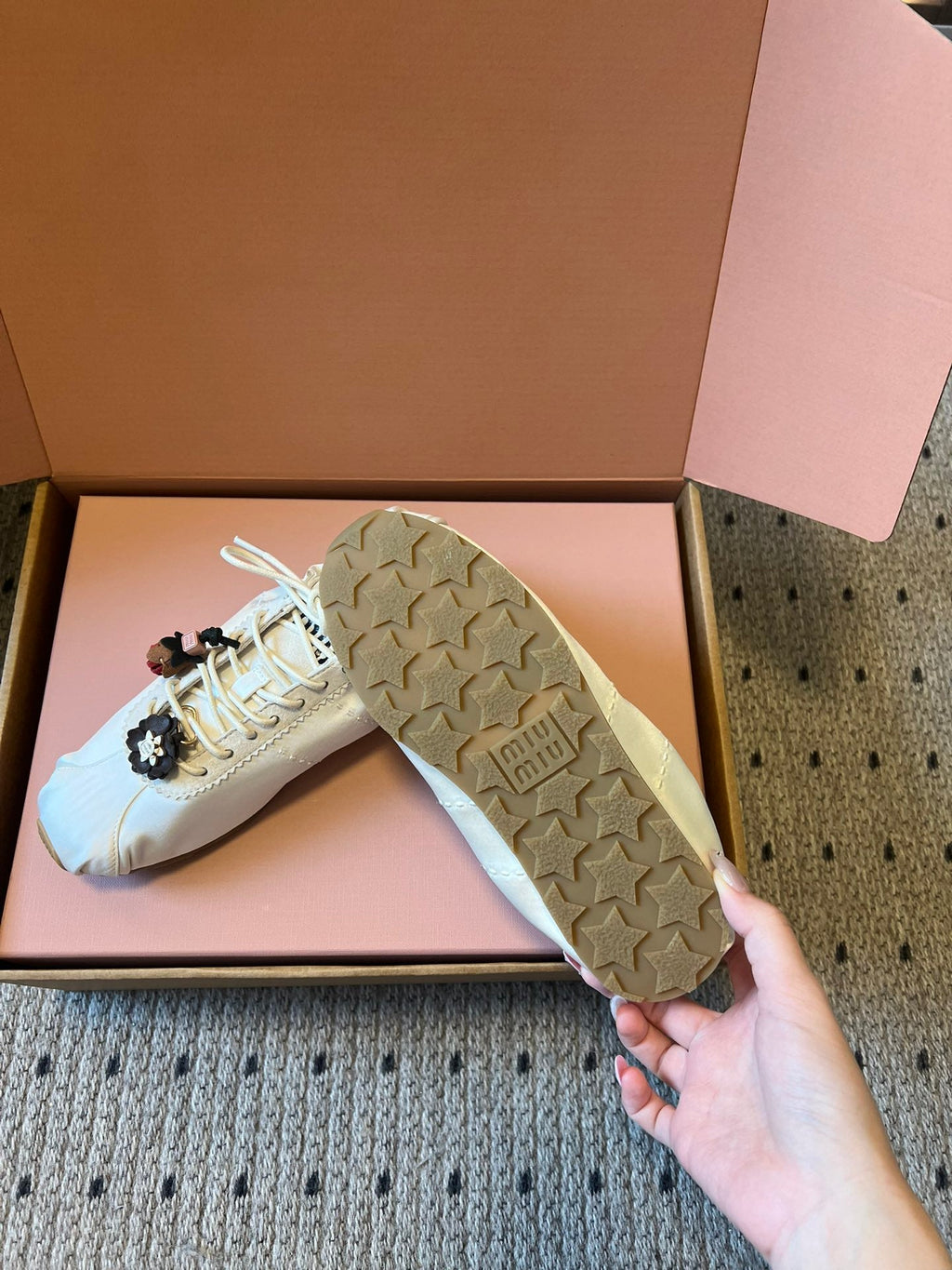 Miu Miu 2026 Plume Sneaker With Floral Charm White Satin 621346