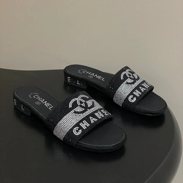 CC 26s Flat Sandals Black Sheepskin Rhinestones 649516