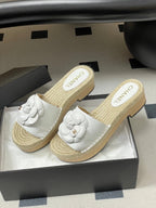 CC 26s Camellia Slippers Beige White Rope Smooth Leather 649401