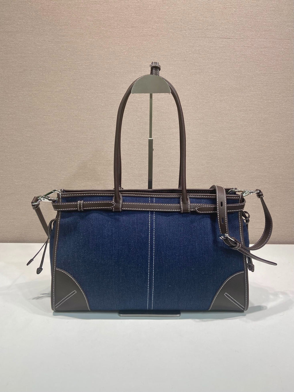 Prada 2026 Bonnie Bag 38cm Blue Brown Denim Leather 351797