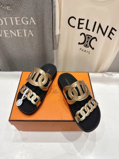 HM 26ss Sandals Black Gold Metallic Cowhide 641274
