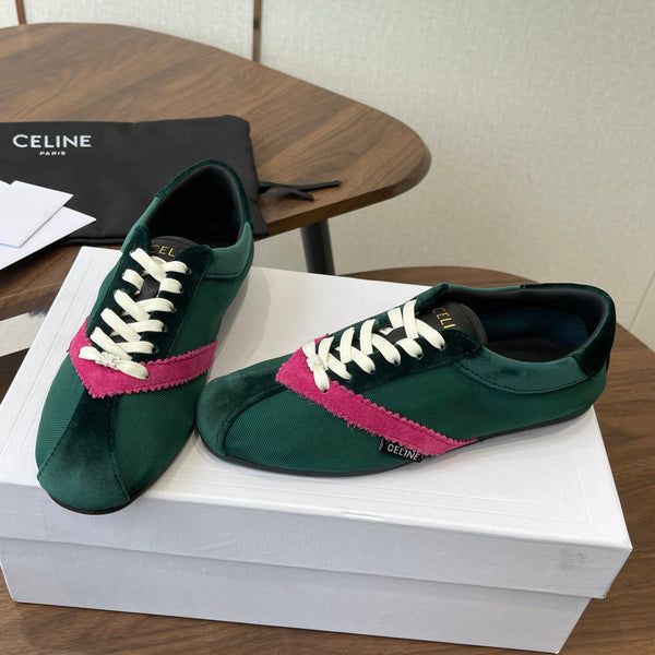 Celine 26 Flat Sneaker Dark Green Pink Canvas Suede 624715