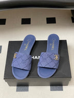 CC 26s Flat Sandals Dark Blue Canvas Sheepskin Double C 649505