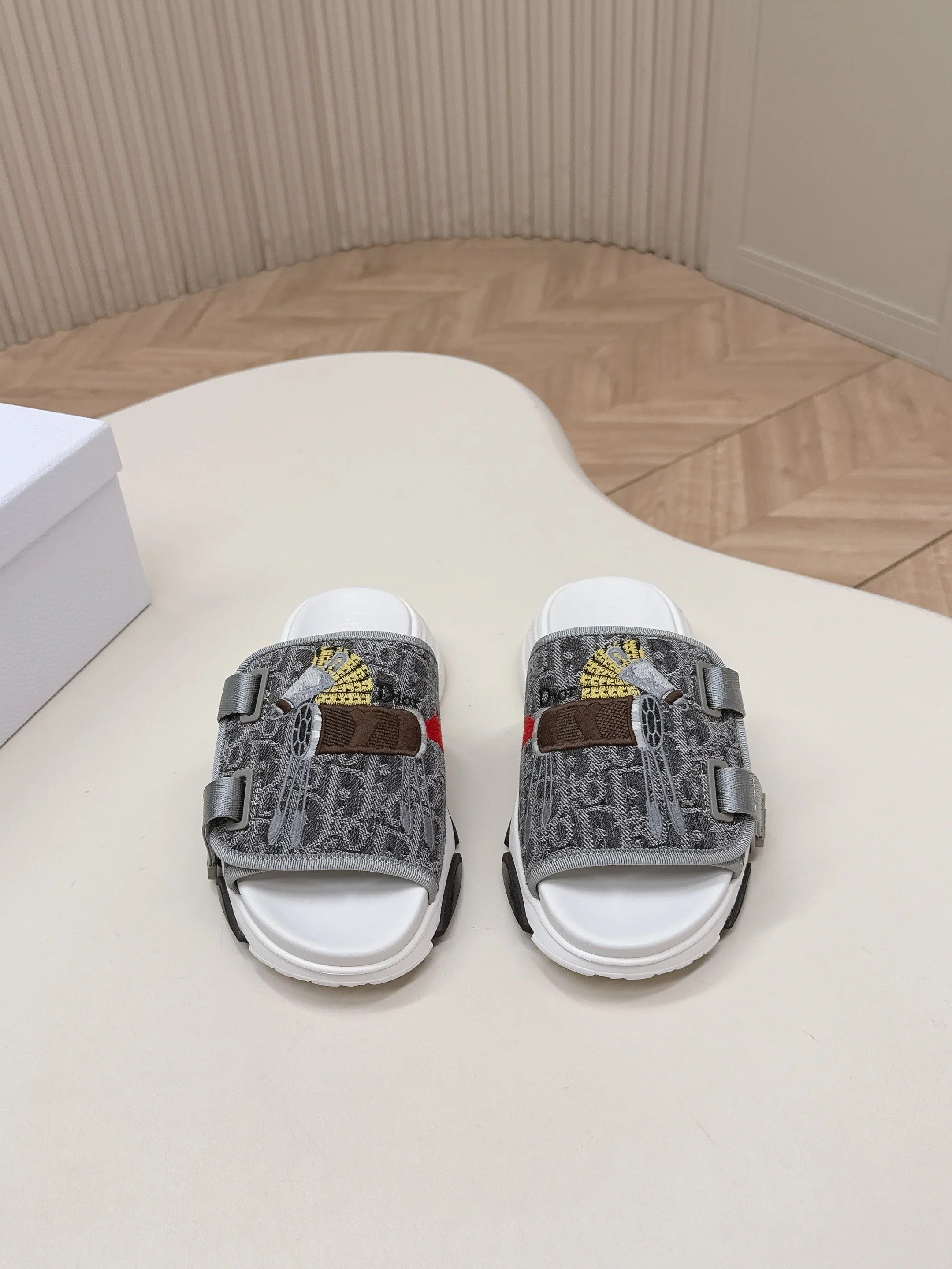 CD 26s Platform Slippers 35 Gray White Canvas Lambskin 643811