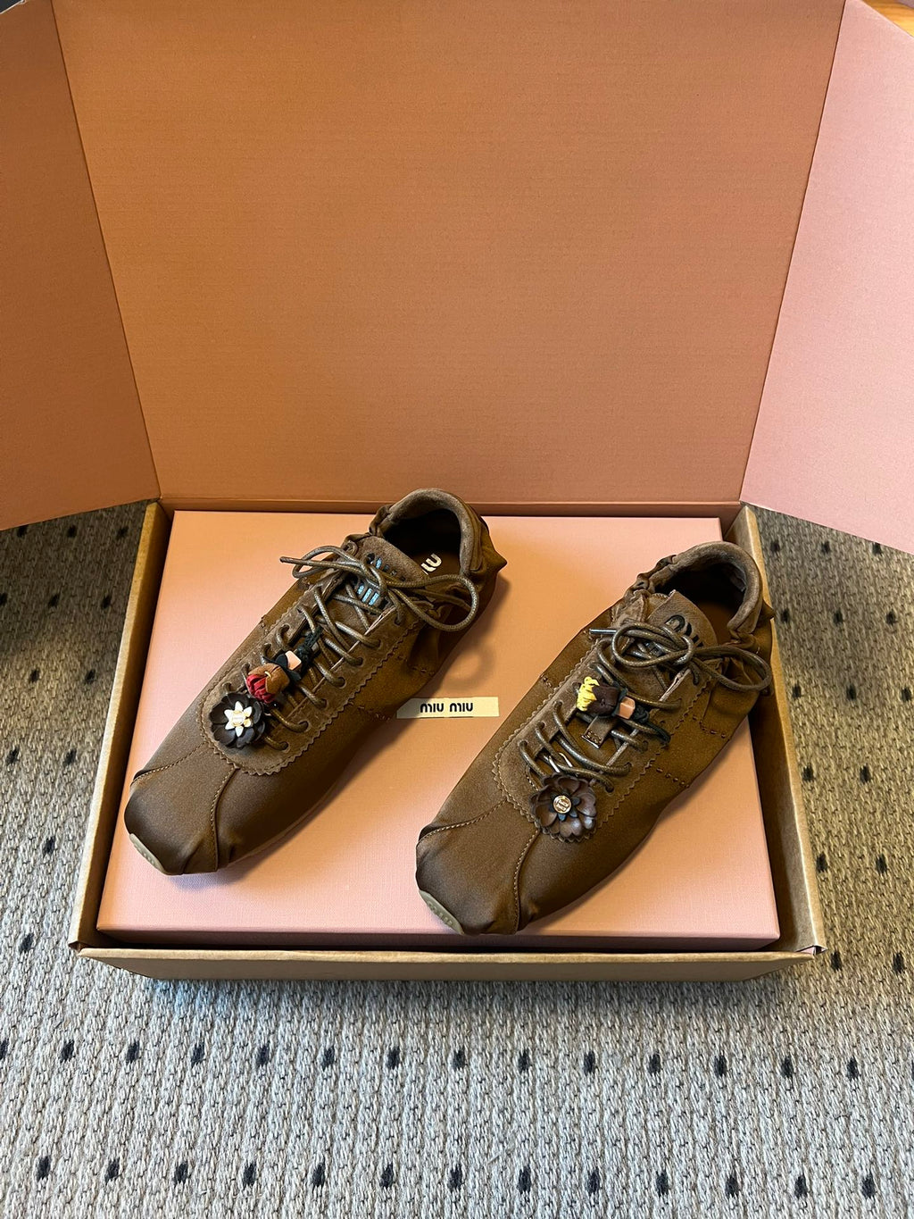 Miu Miu 2026 Plume Sneaker With Floral Charm Brown Satin 621344