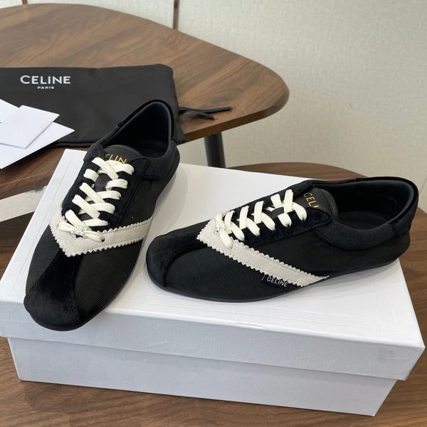 Celine 26 Flat Sneaker Black White Canvas Suede 624714