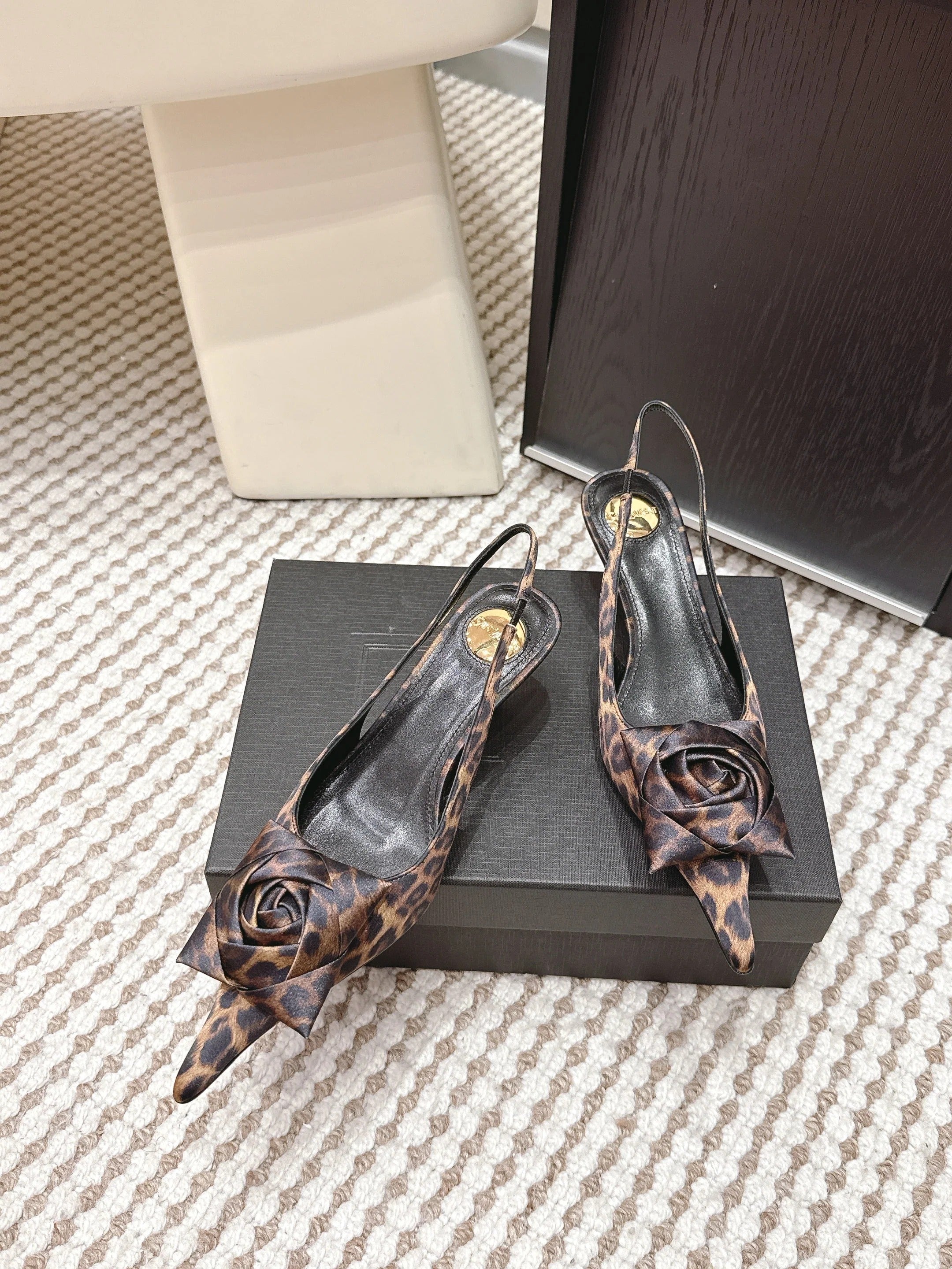 YSL 26ss Slingback 50 Leopard Print Satin Leather 654680