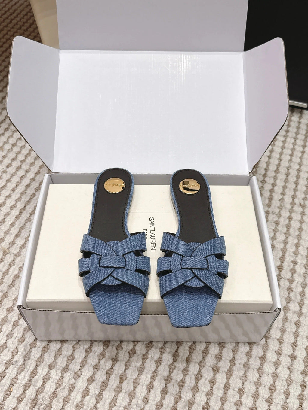 YSL 26ss Flat Slippers Blue Denim Leather 654727